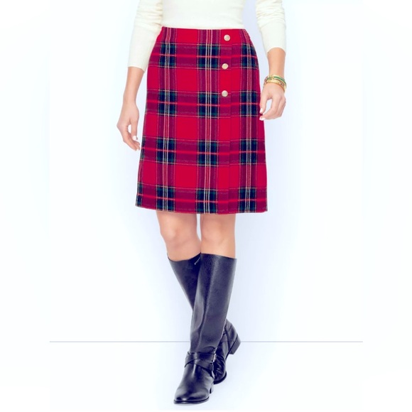 Talbots 8 Red/Green Classic Plaid A-Line Mock Wrap Skirt - Picture 2 of 9